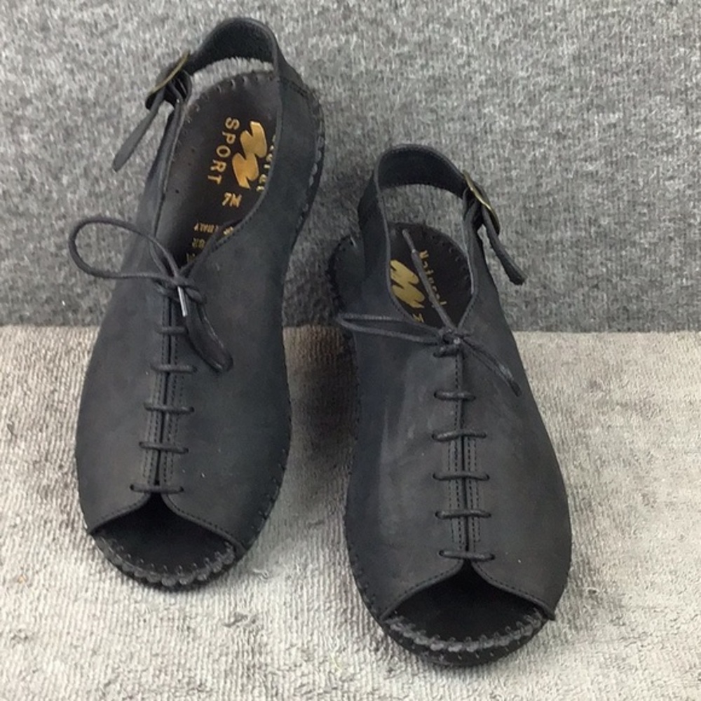 Natural Sport Made in Italy Black Leather Women's Sandals‎ Peep Toe Lace Up 7M